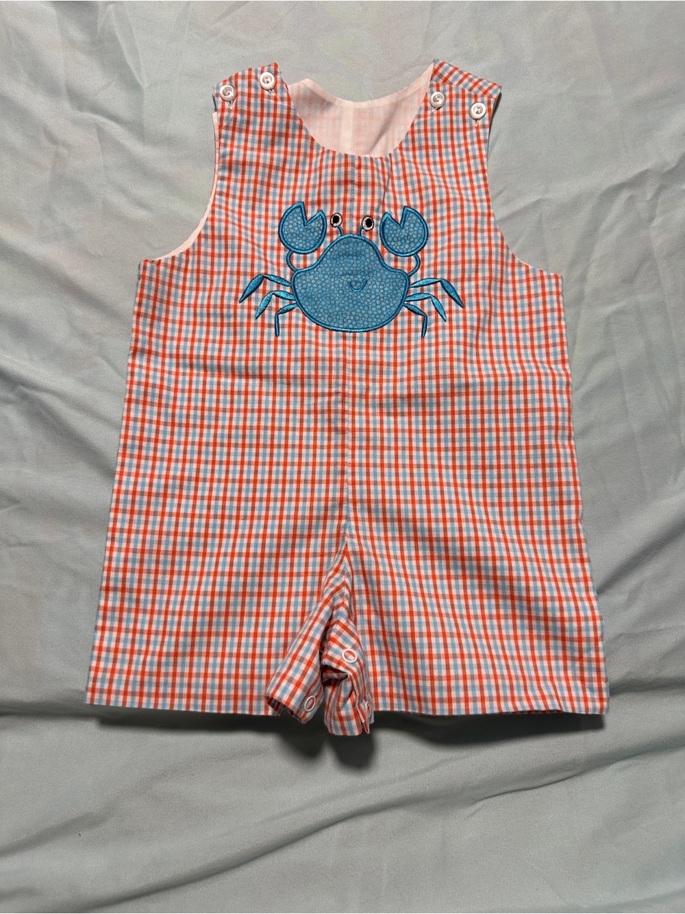 Blue Crab Appliqué Orange & White Check Shortalls